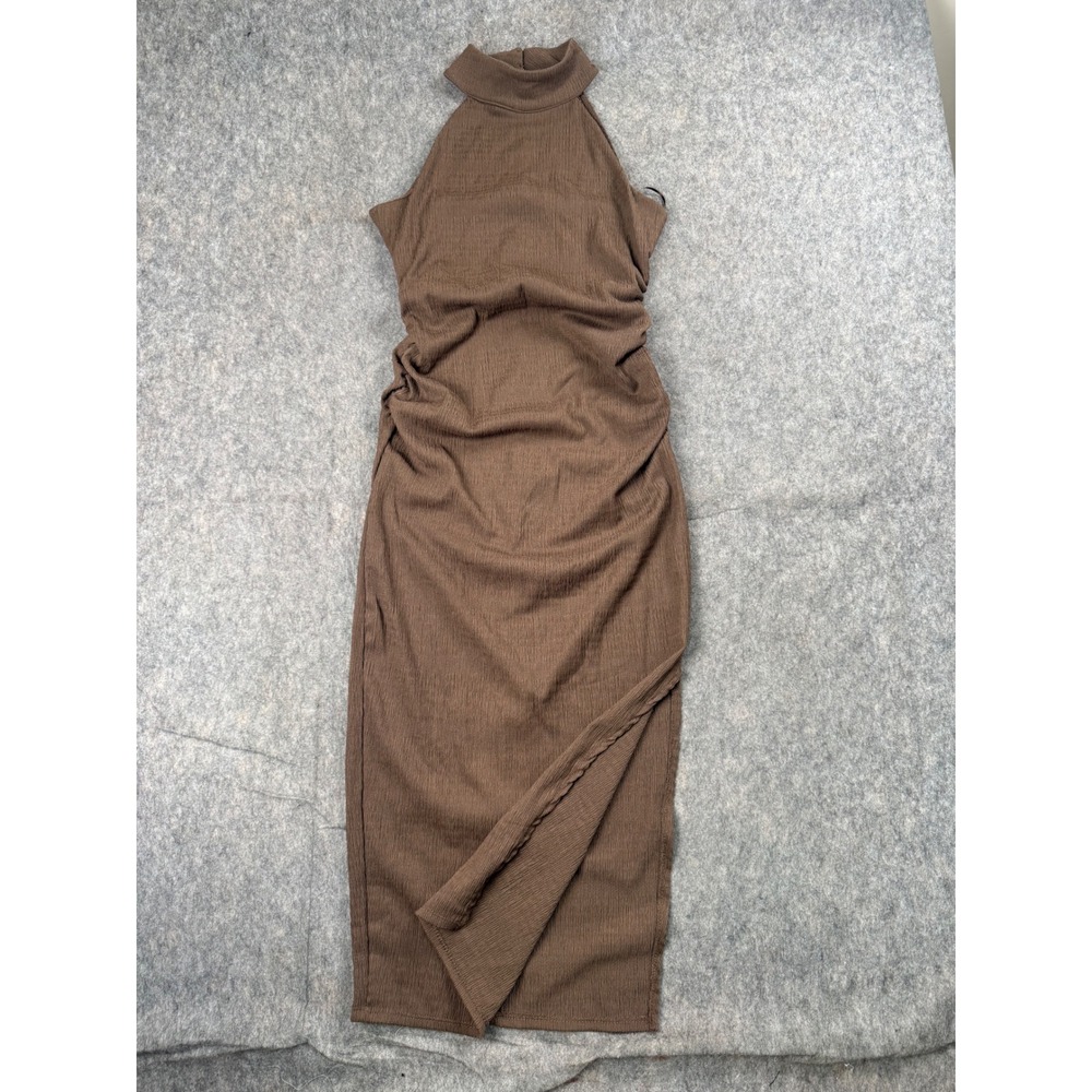 Sofia Jeans Midi Dress Womens S Brown Ribbed Halter Mock Neck Ruched Slit Chic